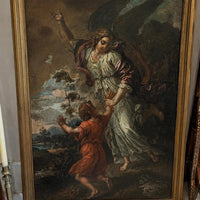 Tableau ancien – Scène religieuse : Ange et enfant – Huile sur toile