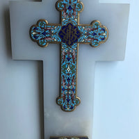 Grande croix en albâtre, bronze marbré avec bénitier, 1850