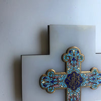 Grande croix en albâtre, bronze marbré avec bénitier, 1850