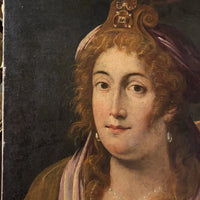 Tableau ancien huile portrait femme reine bijoux renaissance fontaine bleau xvie