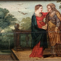 Tableau Ancien Huile Scène Religieuse La Vierge en Visite Chez Anne Début XVIIe