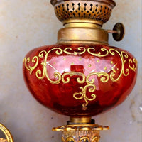 Magnifique paire de lampes , 2 x 2 toupies de piano a petrole tube verre émaillé