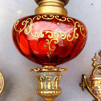 Magnifique paire de lampes , 2 x 2 toupies de piano a petrole tube verre émaillé