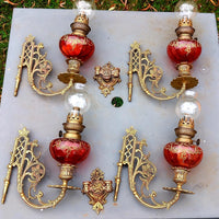 Magnifique paire de lampes , 2 x 2 toupies de piano a petrole tube verre émaillé