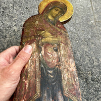 Tableau Ancien Portrait Vierge Marie en Prière Peinture Religieuse Icône Bois