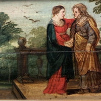 Tableau Ancien Huile Scène Religieuse La Vierge en Visite Chez Anne Début XVIIe