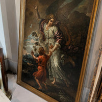 Tableau ancien – Scène religieuse : Ange et enfant – Huile sur toile