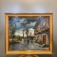 Tableau huile sur toile ancienne l'auberge sous la pluie