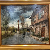 Tableau huile sur toile ancienne l'auberge sous la pluie