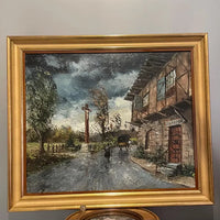 Tableau huile sur toile ancienne l'auberge sous la pluie