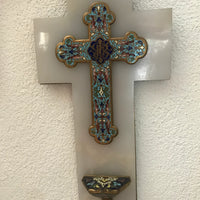 Grande croix en albâtre, bronze marbré avec bénitier, 1850