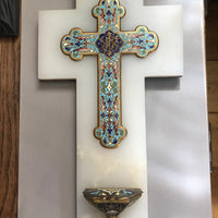 Grande croix en albâtre, bronze marbré avec bénitier, 1850