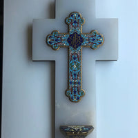 Grande croix en albâtre, bronze marbré avec bénitier, 1850