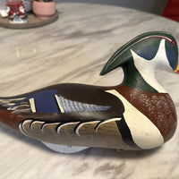 Canard mandarin en bois massif sculpté, leurre vintage du capitaine harry jobes
