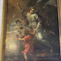 Tableau ancien – Scène religieuse / Ange et enfant – Huile sur toile