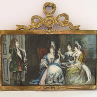 Belle MINIATURE XIXe, dans le gout du XVIIIe. Scène d'intérieur. CADRE en BRONZE