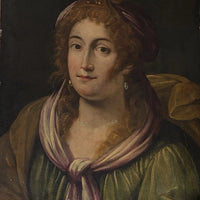 Tableau ancien huile portrait femme reine bijoux renaissance fontaine bleau xvie