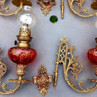 Magnifique paire de lampes , 2 x 2 toupies de piano a petrole tube verre émaillé