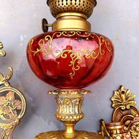 Magnifique paire de lampes , 2 x 2 toupies de piano a petrole tube verre émaillé