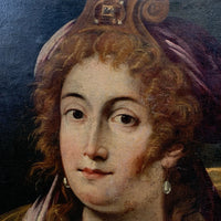 Tableau ancien huile portrait femme reine bijoux renaissance fontaine bleau xvie
