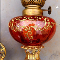 Magnifique paire de lampes , 2 x 2 toupies de piano a petrole tube verre émaillé