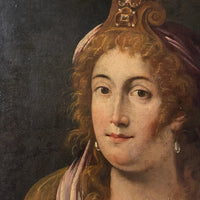 Tableau ancien huile portrait femme reine bijoux renaissance fontaine bleau xvie