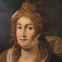 Tableau ancien huile portrait femme reine bijoux renaissance fontaine bleau xvie