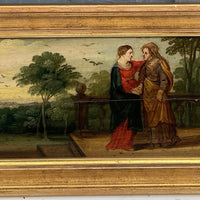 Tableau Ancien Huile Scène Religieuse La Vierge en Visite Chez Anne Début XVIIe