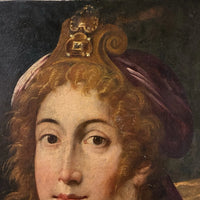 Tableau ancien huile portrait femme reine bijoux renaissance fontaine bleau xvie