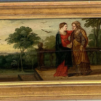 Tableau Ancien Huile Scène Religieuse La Vierge en Visite Chez Anne Début XVIIe