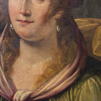 Tableau ancien huile portrait femme reine bijoux renaissance fontaine bleau xvie
