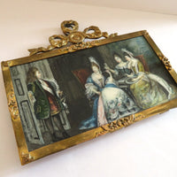 Belle MINIATURE XIXe, dans le gout du XVIIIe. Scène d'intérieur. CADRE en BRONZE