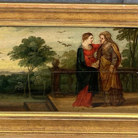 Tableau Ancien Huile Scène Religieuse La Vierge en Visite Chez Anne Début XVIIe