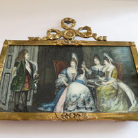 Belle MINIATURE XIXe, dans le gout du XVIIIe. Scène d'intérieur. CADRE en BRONZE