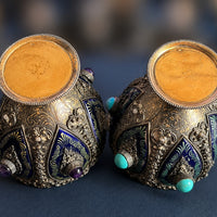 Calice argent massif 925 émaux bleu cobalt cabochons améthyste perles fines