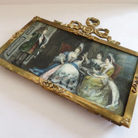 Belle MINIATURE XIXe, dans le gout du XVIIIe. Scène d'intérieur. CADRE en BRONZE