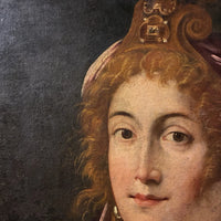 Tableau ancien huile portrait femme reine bijoux renaissance fontaine bleau xvie