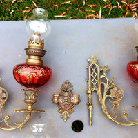 Magnifique paire de lampes , 2 x 2 toupies de piano a petrole tube verre émaillé