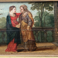 Tableau Ancien Huile Scène Religieuse La Vierge en Visite Chez Anne Début XVIIe